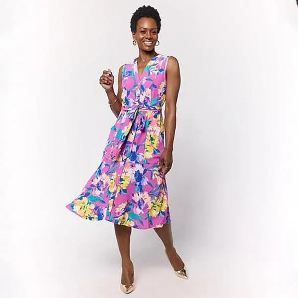 Nina Leonard Sleeveless Collared Button Front Dress