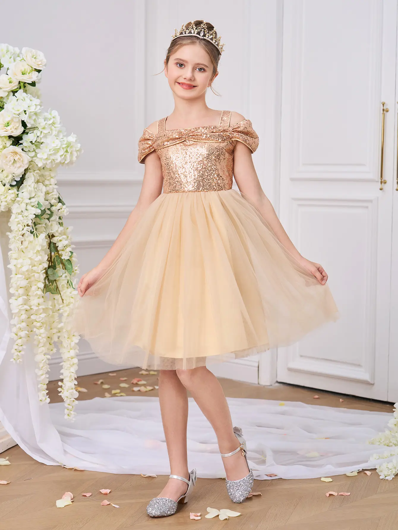 0068 Tween Girls Elegant Faux Pearl Bow Mesh Party Dress For Wedding Prom Birthday Party Wedding Party Long Dress Princess Dress