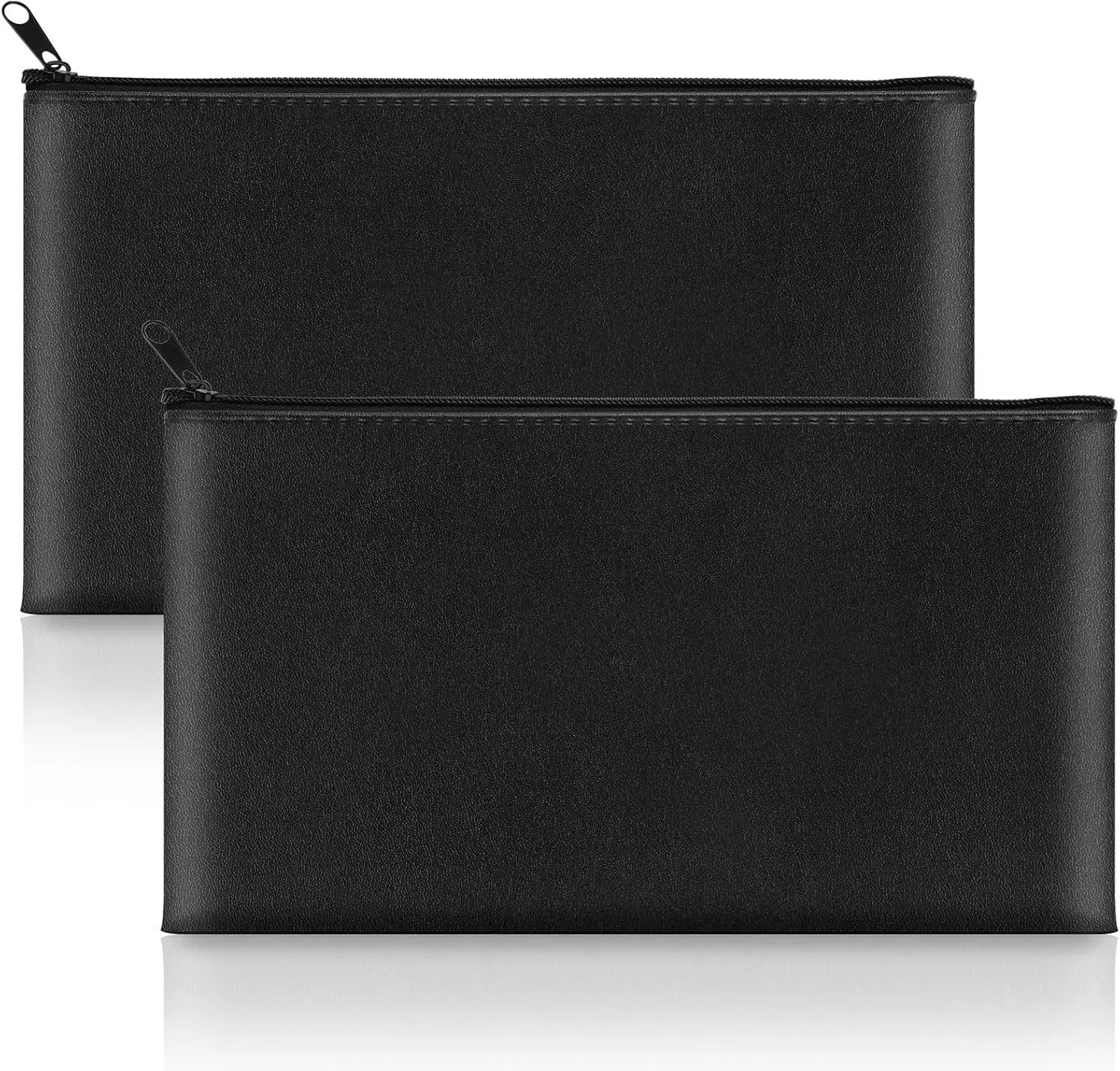 Money Bags 2 Pack Zipper, 11x6.1 Inch PU Leather Cash Pouch, Secure Bank Bag for Coins, Bills, Checks, Invoices, Cosmetics, Tools (Black)