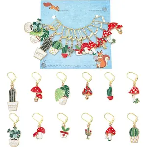 12 count  Stitch Markers, Cactus Leaf Mushroom Alloy Enamel Crochet Stitch Marker Charms Locking DIY   for Knitting Weaving Accessories Quilting