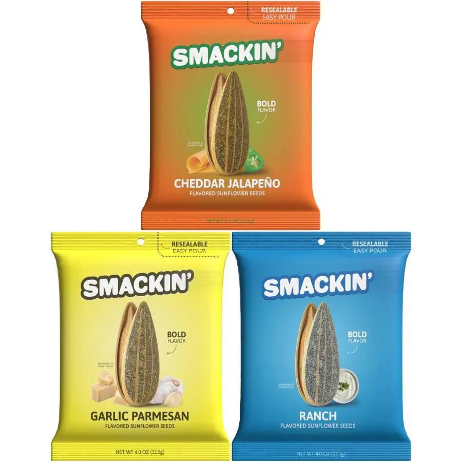 SMACKIN’ Sunflower Seeds 3-Flavor Variety Pack – 4oz Bags (Cheddar Jalapeño, Garlic Parmesan, Ranch) Snack