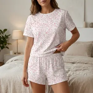 Women's Leopard Print Short Sleeve Pajama Set Soft Sleepwear Loungewear Comfy Elastic Waist Shorts Casual Two Piece PJ Set for Ladies