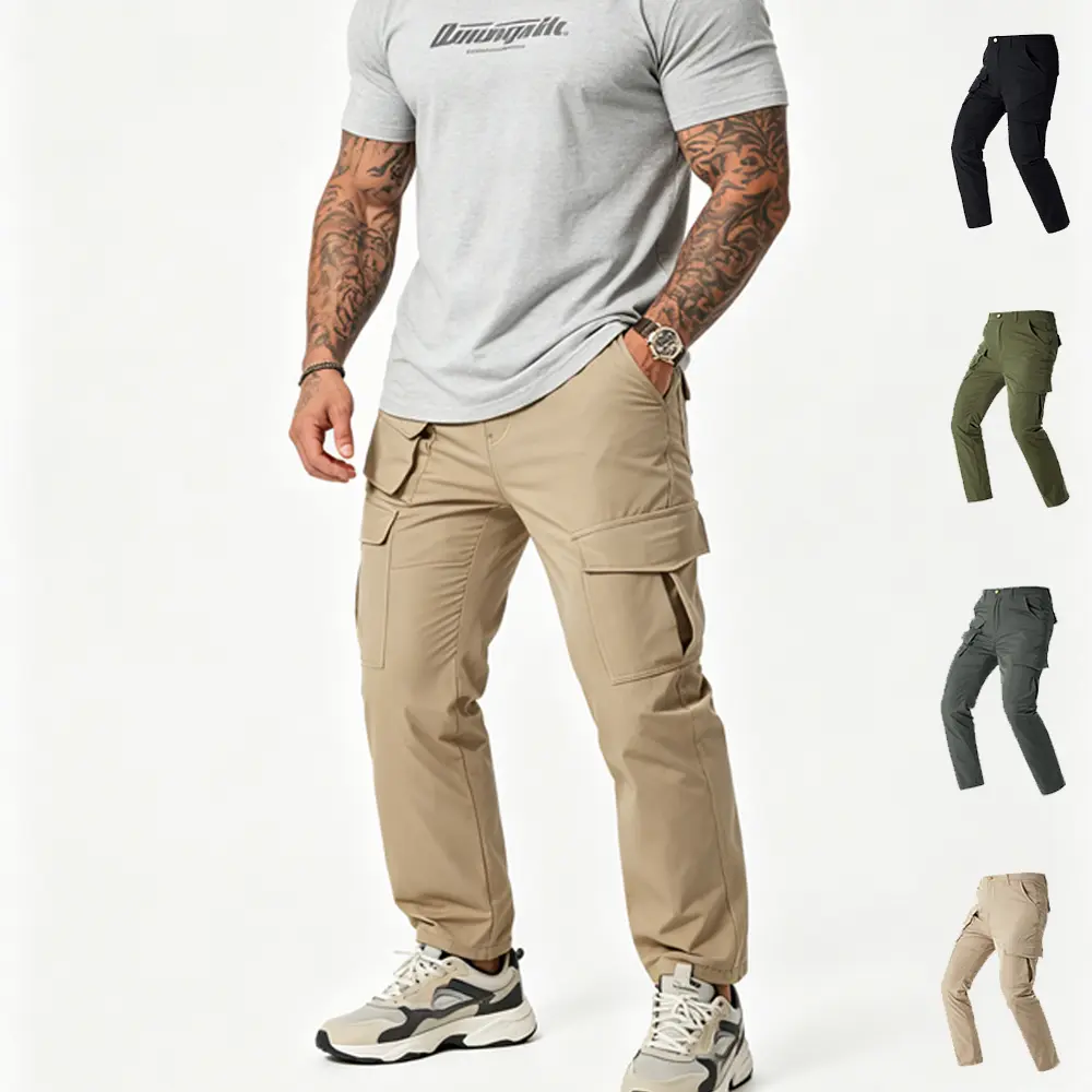 Men's Plain Mid-Waist Polyester Cargo Pants - Wrinkle-Resistant Fabric, Multiple Pockets, Reinforced Seams - Ideal for Hiking, Tactical Activities
