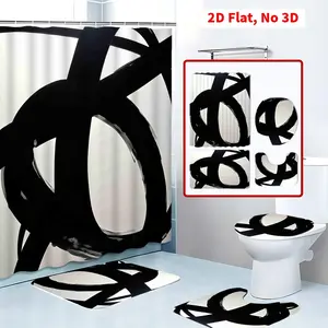 4 Pcs Abstract Black and White Shower Curtain Set, Modern Bathroom Accessories, Non - slip Bathroom Floor Mat, Shower Curtain with Hooks, Toilet Cover Mat, Home Decor, Bathroom Accessories Machine Washable the bathroom is full of gentle small detai