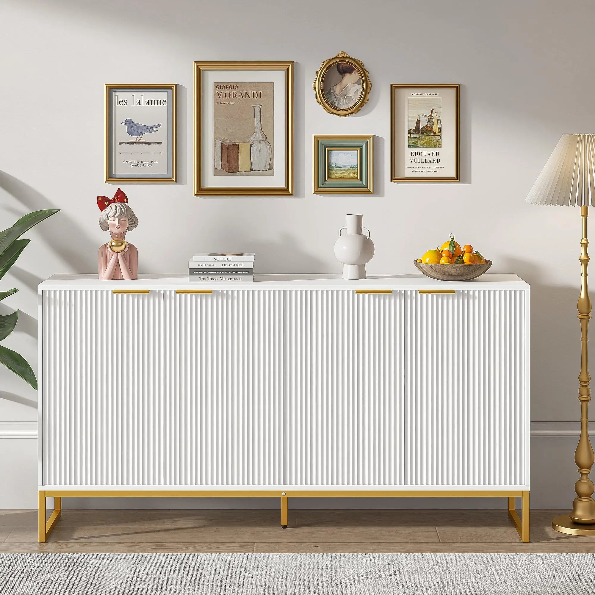 4-Door Fluted Credenza Sideboard Buffet Cabinet - Modern Minimalist Design Home Furniture with Aesthetic Metal Legs, Sturdy MDF Wood Indoor Cupboard, Large Storage with Adjustable Shelves, Water Ripple Living Room Console Table, Interior