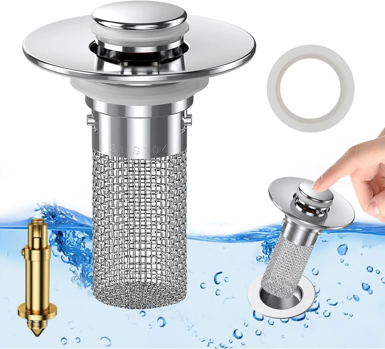 Durable Stainless Steel Bathroom Sink Pop-Up Drain Stopper with ABS & Brass Components, 1/2-Count Anti-Odor Adjustable Bouncing Core for Bathtubs