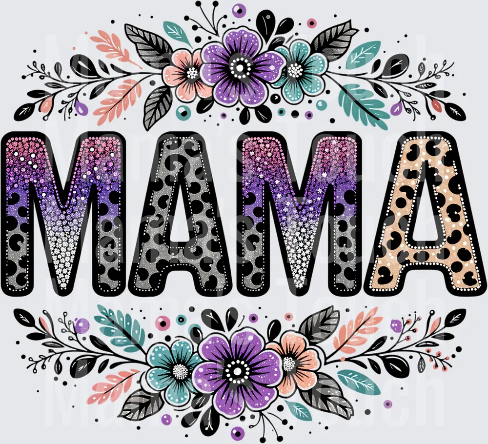 MAMA Leopard Print Glitter Letters with Purple Teal Floral Border