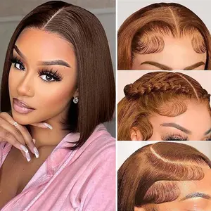 Brazilian Bob Wig Human Hair #4 Chocolate Brown 13x4 HD Transparent Lace Front Wigs Human Hair Pre Plucked Glueless Wigs with Baby Hairs 180% Density Straight Frontal Lace Wigs for Women