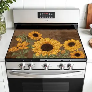 Sunflower Pattern Retro Style Non-Slip Rubber Oven Mat, Stove Panel Protector, Kitchen Decoration, Easy Clean, Multi-Purpose Stove Cover