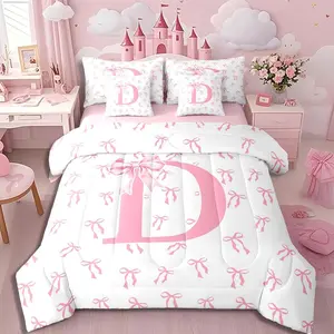 7 Piece Girly Princess Bowknot Bedding Set,Dreamy Initial Letter D Comforter Set for Kid Romantic Monogrammed Bow Bed in a Bag Simple Watercolor Bow Knot Quilt with Flat Fitted Sheet
