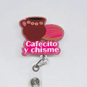 Cafecito y Chisme Glitter Acrylic Retractable Badge ID Reel Belt or Alligator Clip identification supply badge reel