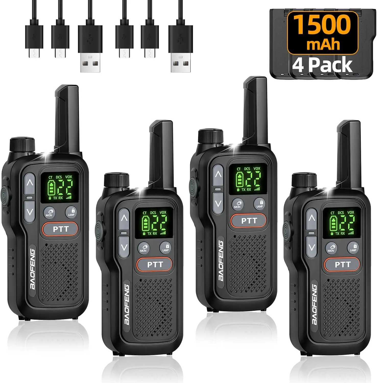 4PCS BAOFENG USB Rechargeable Long Range Mini Walkie Talkie NOAA Type-C Charging Rechargeable Lightweight 22 FRS Upgrade 888s Handheld Two Way Radio for Kids Adults Family Outdoor Sports Hunting Hiking Camping