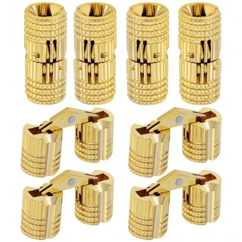 8-Pack 10 mm Concealed Brass Barrel Hinges with 180-Degree Opening, Furniture Hardware for Compatible Wooden Boxes and Small Craft Projects, Hidden Pivot Components for Matching DIY Lid Installations