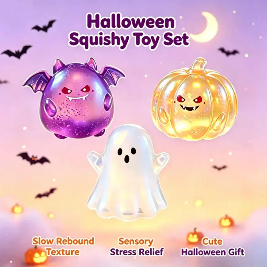 Halloween Glitter Slow-Rising Squishies - Bat, Ghost, Pumpkin Stress Relief Toys, Soft Stretchy Cute Spooky Sensory Fidgets for Party Bags, Festive Gifts