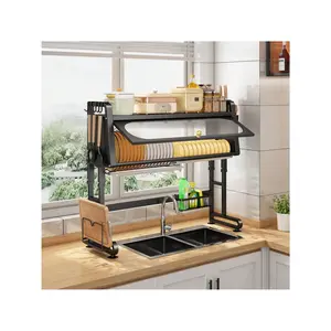 Over The Sink Dish Drying Rack 2 Tier Large Dish Rack Metal Over The Counter Dish Drying Rack For Kitchen Sink Shlef Adjustable Above Sink Dish Drainer Larage Over Sink Organizer With Cover Black
