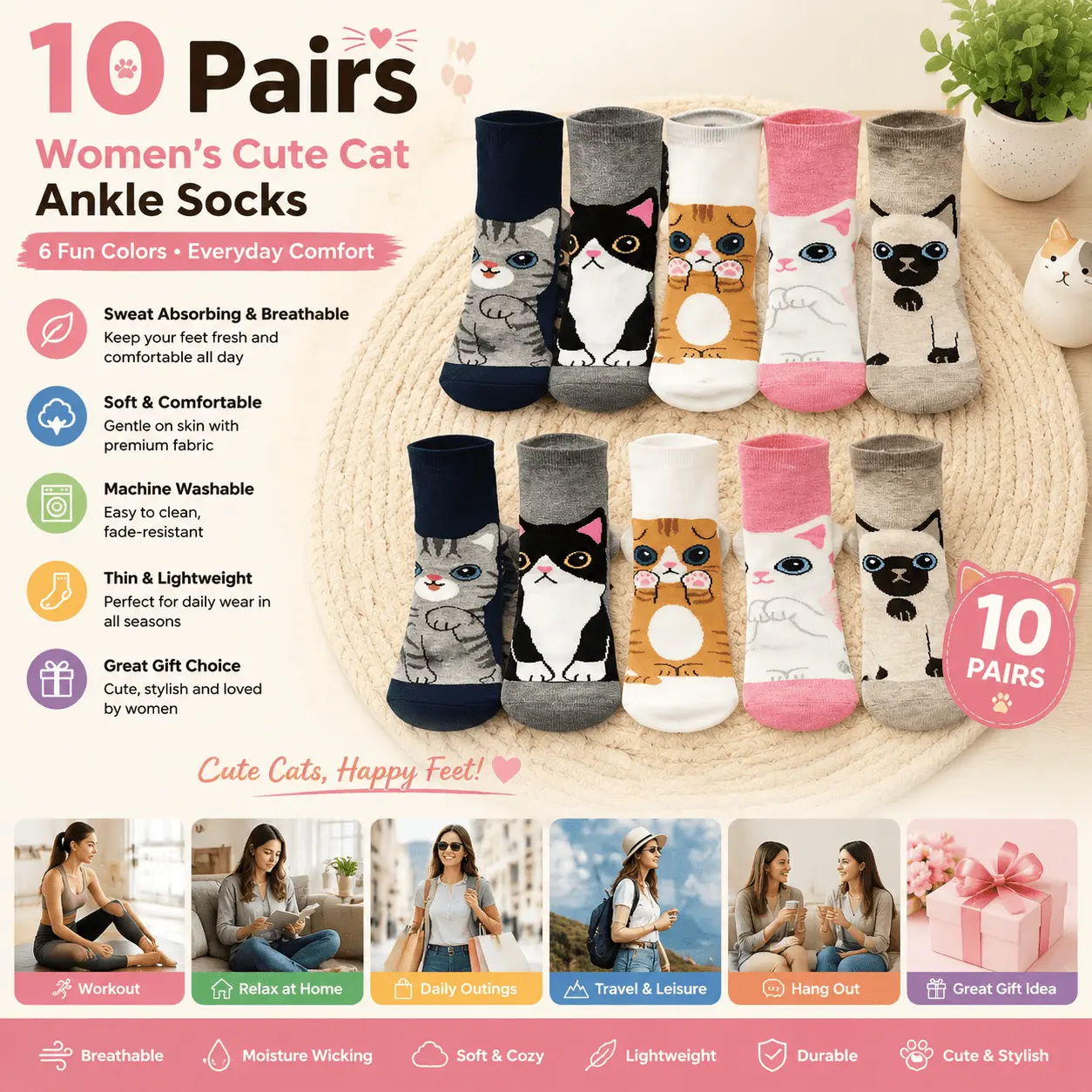 Women's 10-Pair Cute Cat Pattern Thin Ankle Socks - Basic, Kitschy, Character-Inspired, Anti-Sweat, Breathability Ankle Socks, Soft Stretch Fabric, Machine Washable, Lightweight, Daily Casual Wear Essentials, Basic Ankle Socks