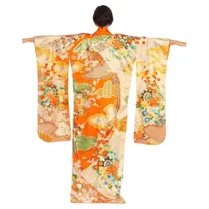 1940S Orange, Green & Metallic Gold Floral Silk Kimono
