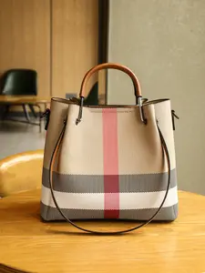 Women's New Genuine Leather Bucket Bag, High-End Colorblock Large Capacity Tote, Plaid Handbag Shoulder Bag, Casual Crossbody Bags for Women, Fashionable Shoulder Bag