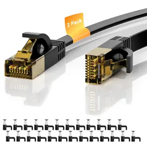 Cat 7 Ethernet Cable 2-Pack 8FT Cat7 Flat High Speed 10Gbps 600MHz Shielded Internet Patch Cord Ultra Slim RJ45 LAN Cable for PS5 Modem Router Computer with 25 Cable Clips