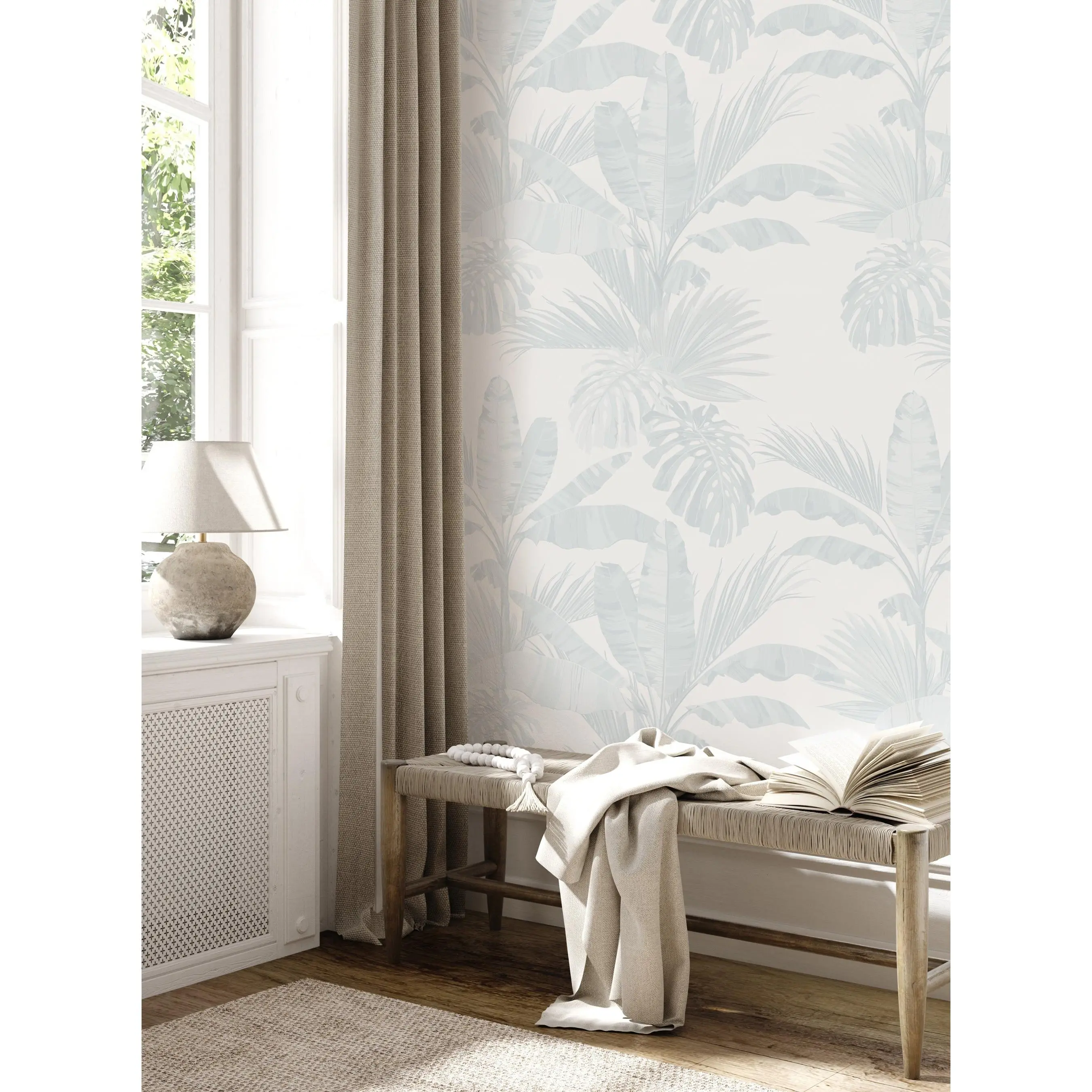 Oceanside Palm Leaves Pre-Pasted Peel-and-Stick Mural, 48"w Renter-Friendly Temporary Wallpaper, Plants Accent Wall Decor for Beachside Escape Tropical Themed Spaces
