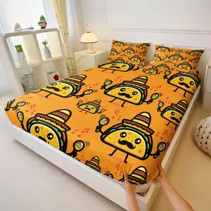 Mexican Style Taco Bed Sheet Set, Includes 2 Coreless Pillowcases, Cartoon Dancing Corn Print, Anti-Slip, Breathable, Durable, Vibrant