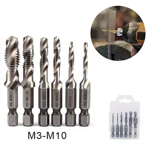 6 Pack Professional HSS Titanium Combination Drill Tap Set SAE 6-32nc to 1/4-20nc Sizes with 1/4" Hex Shank for Quick Change Screw Tapping & Precision Threading Work