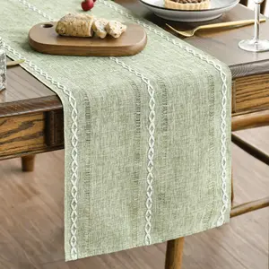 Sage Green Rustic Cotton Linen Table Runner, Seasonal Embroidered Hollow Kitchen Dining Table Decoration for Home Party Decor 13x72 Inch