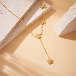 Elegant Y-Shaped Stainless Steel Necklace with Floral Tassel Pendant, Versatile Fashion Accessory for Daily Wear and Party Occasions