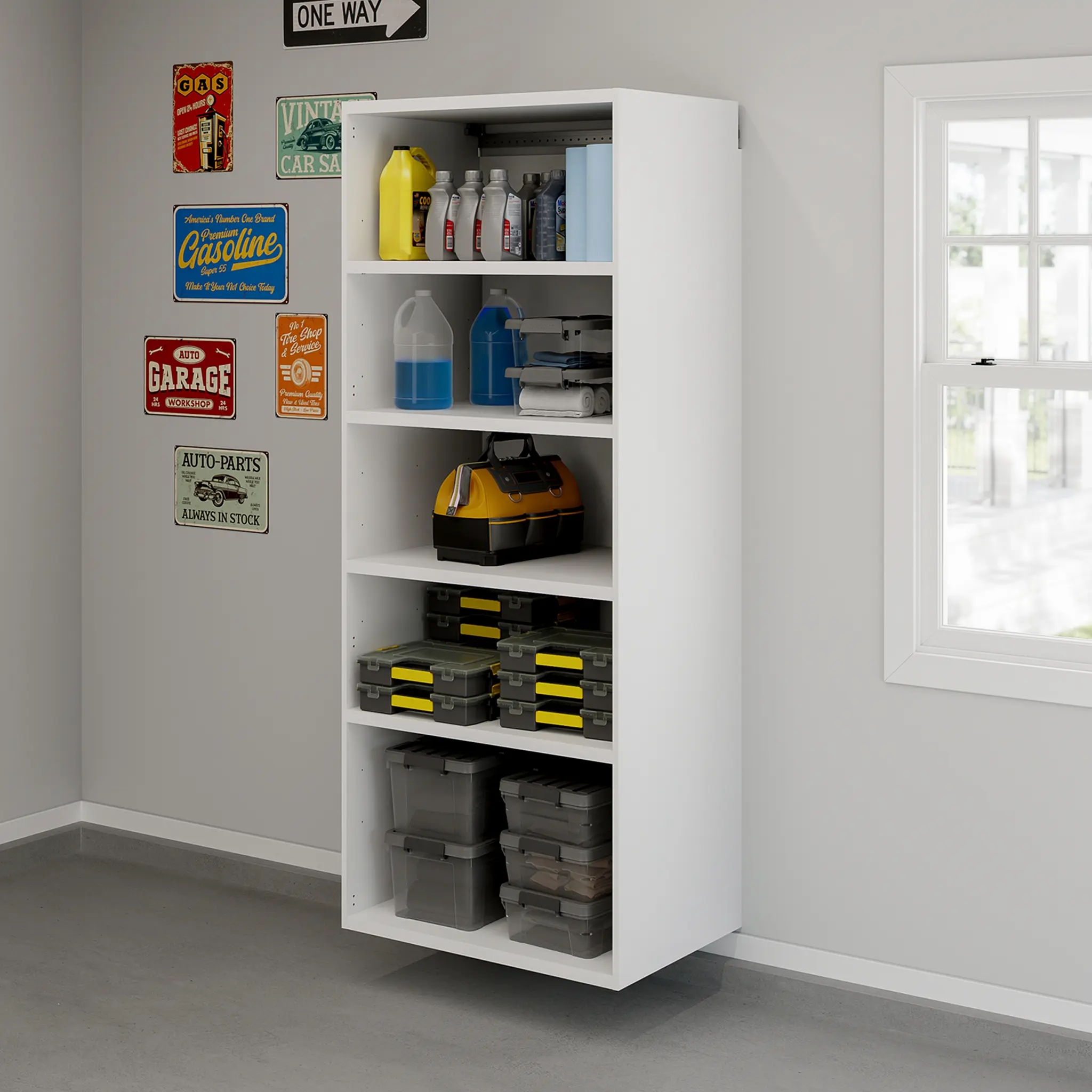 Sauder Traditional GarageCore Deep Wall-Mounted Cabinet - 5 Adjustable Shelves, 1.25" Thick Melamine Surface Panels, White Finish, 23.5" Depth Indoor Storage Cupboard