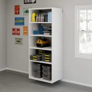 Sauder GarageCore Deep Cabinet - Wall-Mounted Storage with 5 Adjustable Shelves, 1.25" Thick Panel, Melamine Surface, White Finish, 23.5" Depth