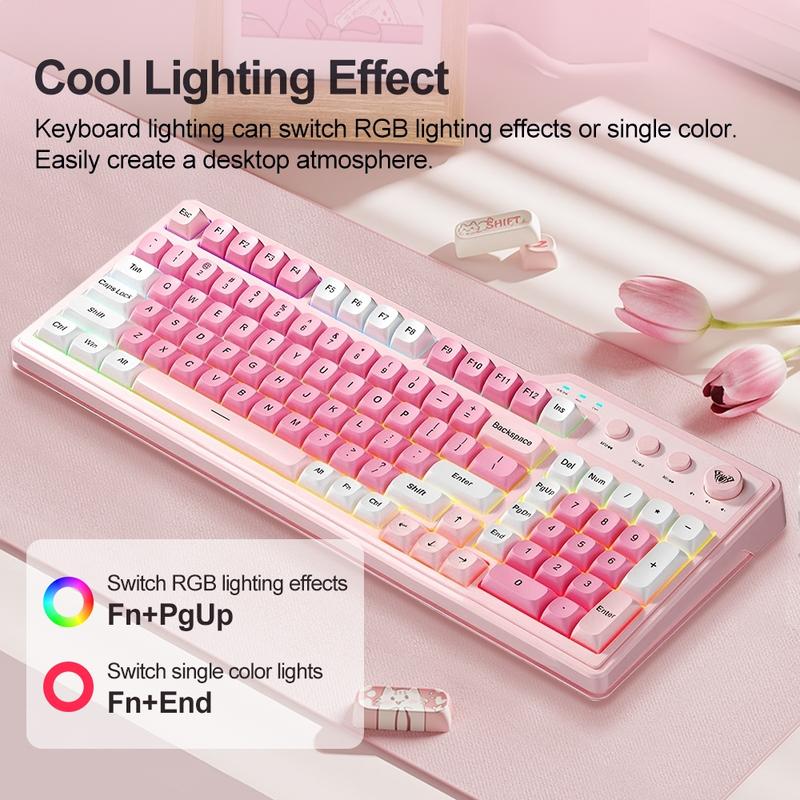 AULA F3099 membrane keyboard, features a 99-key layout, cool lighting effects, RGB Backlight Keyboard, supports wired and wireless connectivity, a 2000mAh rechargeable battery, quiet key presses, and compatibility with Windows/Mac/iOS devices. office use.