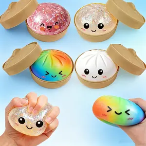 Glitter Dumpling Squishy with Steamer Box, Soft Sensory Squeeze Toy for Stress Relief, Mystery Glitter Dumplings, Decompression Dough, Squishy Sensory Fidgets