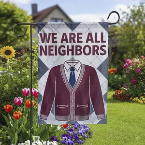 We Are All Neighbors, Cardigan & Tie, Mr. Rogers Tribute Vertical Garden Flag, Community Theme Vertical Garden Flag