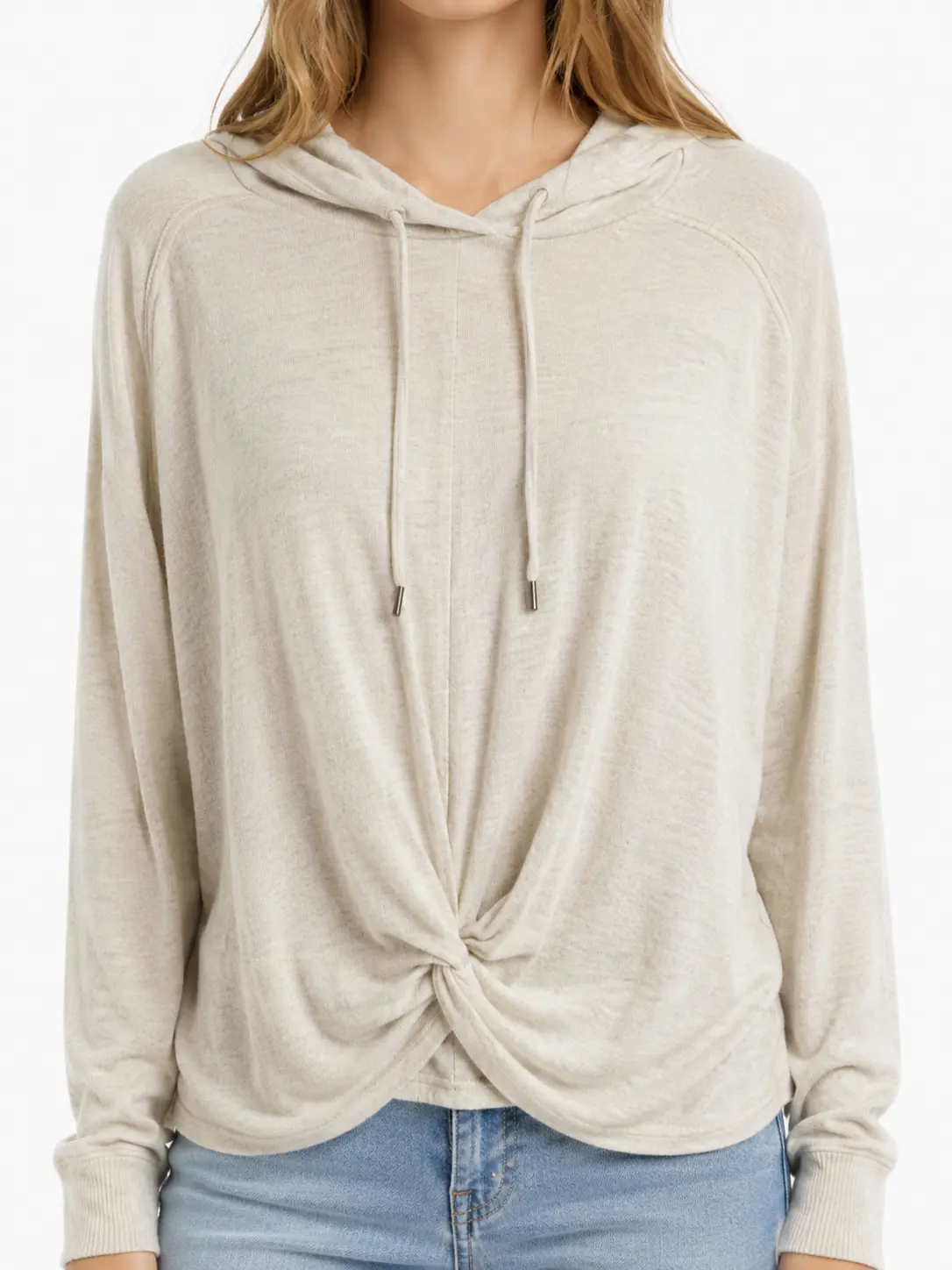 Comfy Heather Oatmeal Lightweight Knotted Front Hoodie for Everyday