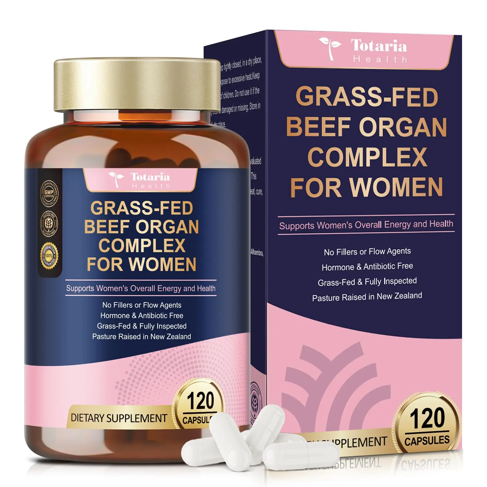 Totaria Women's Grass Fed Beef Organ Dietary Supplement Capsules - Liver, Uterus, Heart, Kidney - Vitamin for Energy, Hormone & Natural Iron Support - 120 Capsules