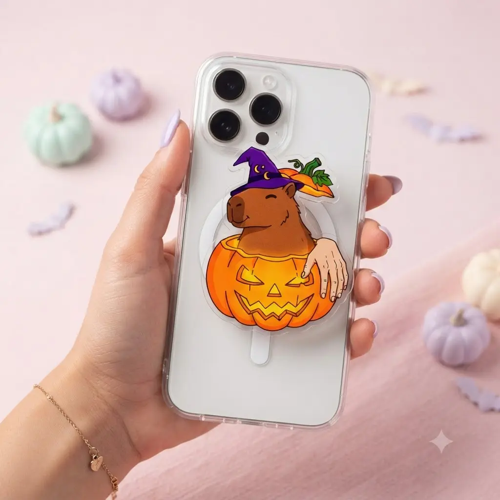 Cute Capybara Pumpkin MagSafe Phone Grip - 2D Magnetic Holder & Kickstand - Spooky Halloween Gift