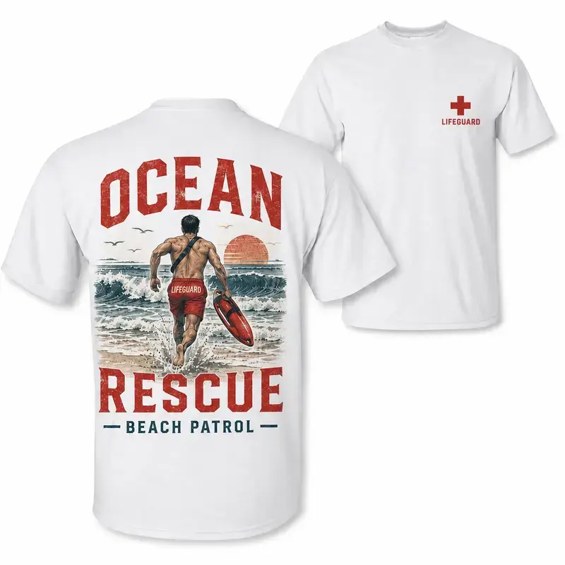 [MADE IN US] Women's 100 Cotton Breathable Short-Sleeve Casual T-Shirt - Vintage Lifeguard Running Into Waves Back Print, Machine Washable Ocean Rescue Top, Summer Gift For Coastal Enthusiasts