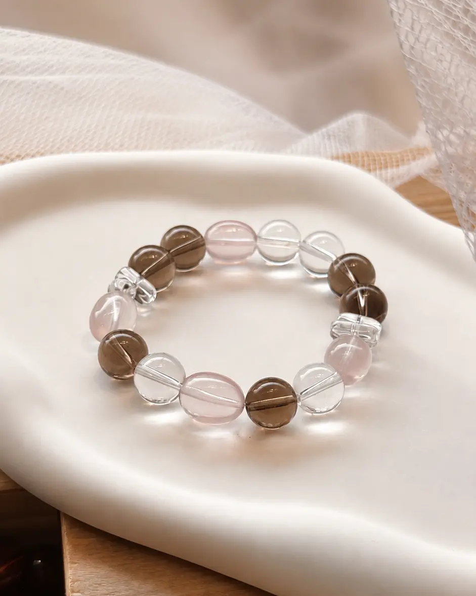 Natural Smoky Quartz, AA Clear Quartz & Rose Quartz Crystal Bracelet