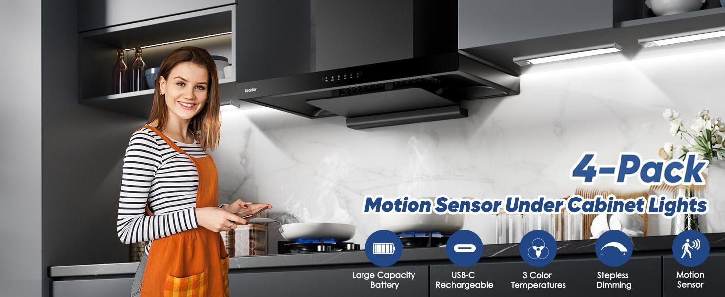 4 Pack Under-cabinet lighting, LED rechargeable mobile sensor night light, adjustable brightness, suitable for kitchens, staircases, bedrooms, wardrobes and kitchen wall cabinets lighting.