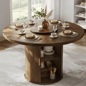 47" Round Dining Table with Storage (Table Only), Mid-Century Modern Walnut Finish, Fluted Ribbed Pedestal Design, Hidden Cabinet & Lazy Susan, Sunburst Wood Grain, Seats 4-6