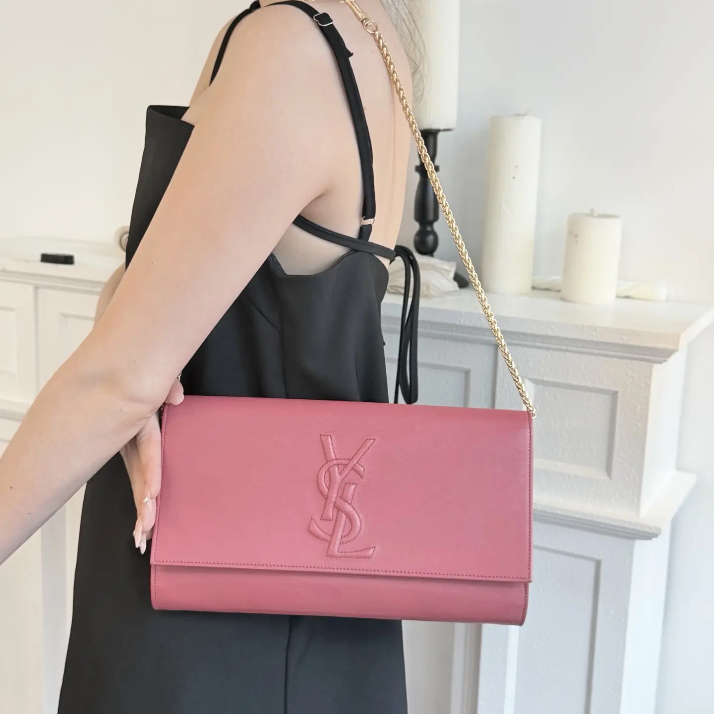 Pre-owned Yves Saint Laurent Vintage Logo Evening Clutch+ Leather Embossed+Hot Pink+ Luxury Bag | 37214