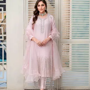 Sofia - 3 piece pure raw silk suit with organza dupatta in Pastel Pink - Multiple sizes available