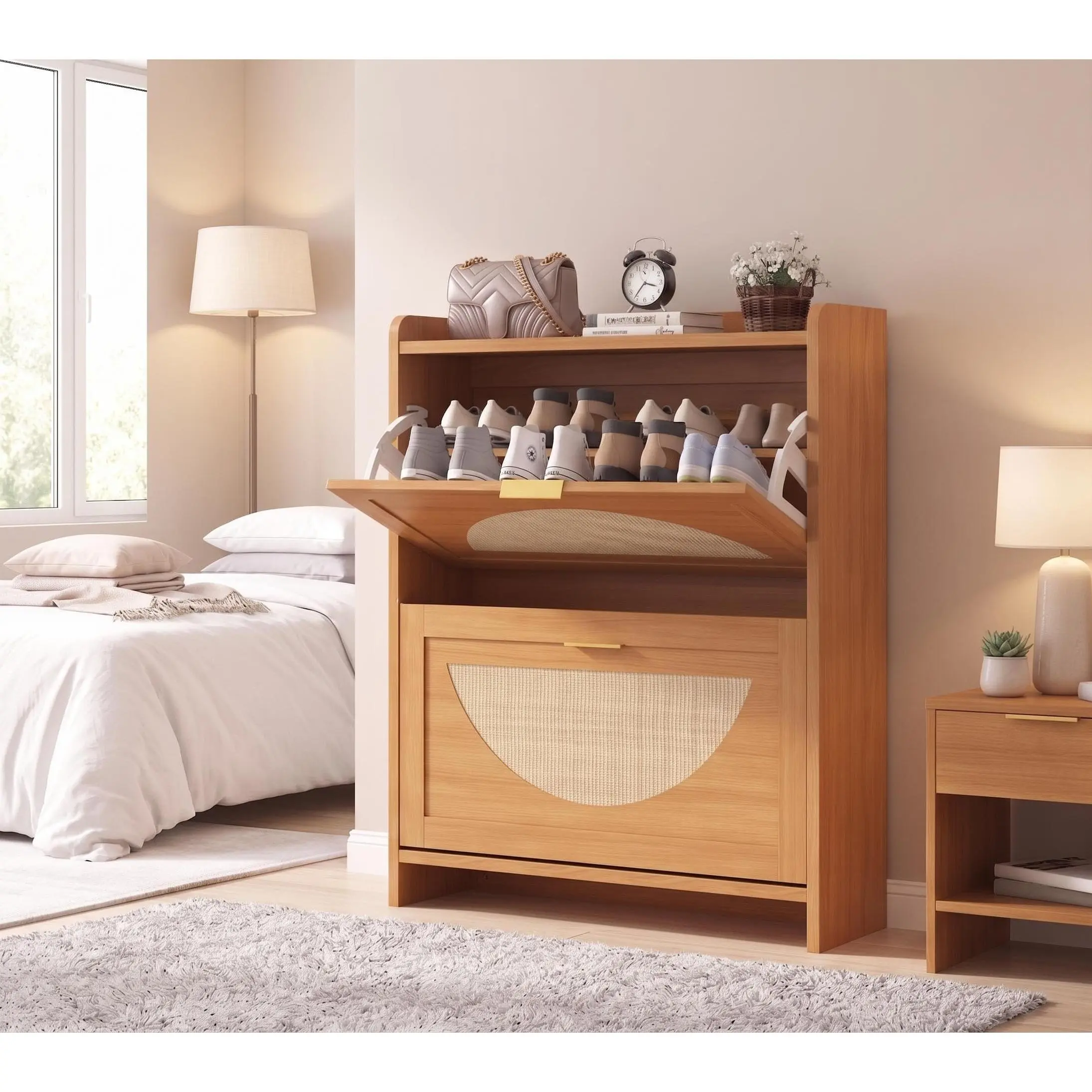 GARVEE Narrow Rattan Shoe Cabinet, 2 Semi-Circular Flip Doors Freestanding Shoe Storage Organizer, MDF Wooden Hidden Slim Shoe Rack for Entryway, Hallway, Foyer, Living Room