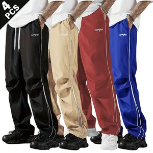 Men's Plain Street-Style Casual Long Trousers 4-Pack - Black+Khaki+Red, Side Stripes, Drawstring Waist, Loose Straight Fit, Minimalist Letter Print, Comfortable Breathable, Activewear, Sports Clothes, All Seasons, Ideal for Streetwear, Campus Wear