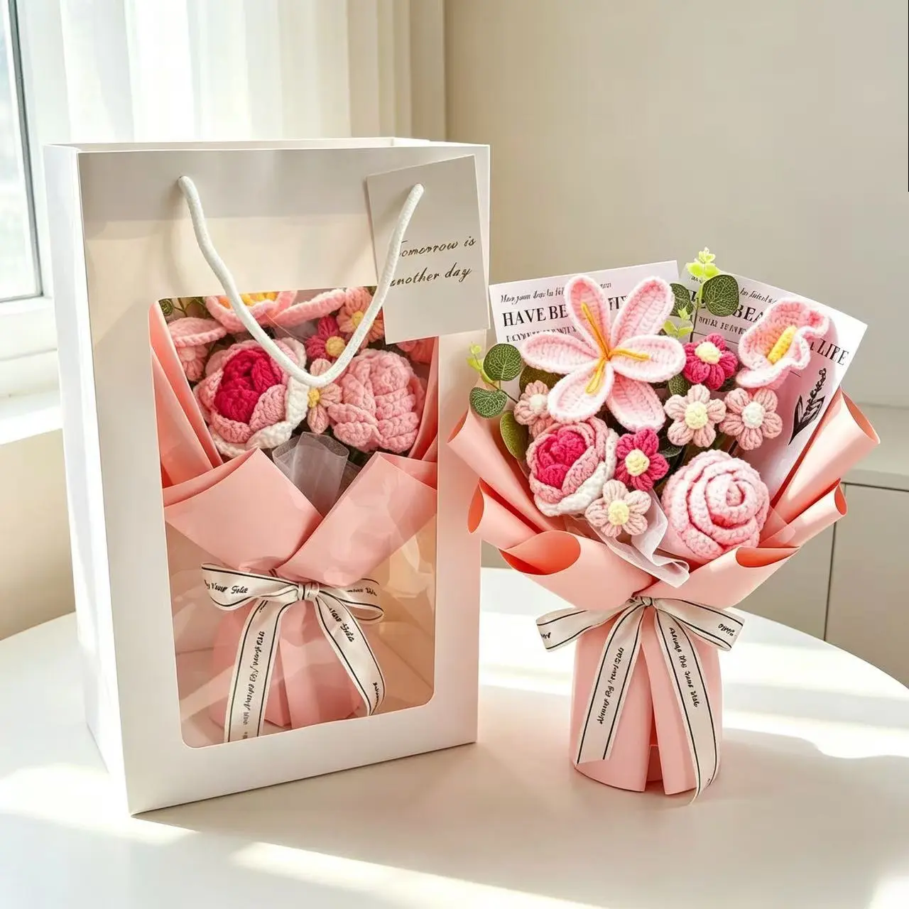 Crochet rose and lily bouquets, hand woven knitted bouquets, decorative flowers, suitable for home decoration, parties, weddings, anniversaries, and festivals, colorful knitted accessories