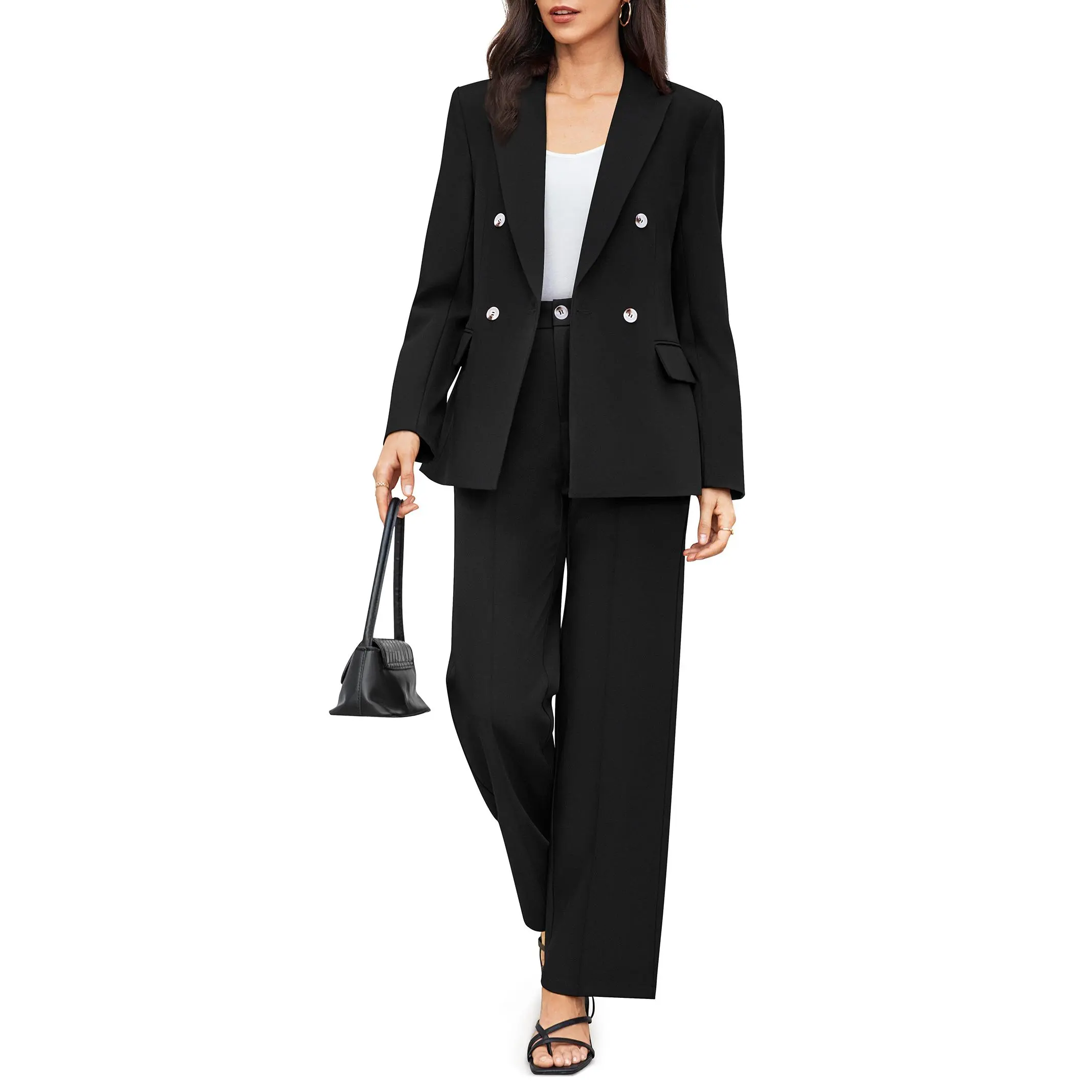 Casly Lamiit Women's 2-Piece Long Sleeve Suit - Double-Breasted Peaked Collar Blazer, 4-Button Cuffs, Back Slit Hem, Dressy Wide Leg Pants, Fitted Elastic Breathable Structured Fabric, Corporate Attire, Wedding, Crew Neck, Classy Two Piece Sets, Corporate