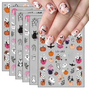 Halloween Nail Art Stickers Cute Ghost Pumpkin 3D Self-Adhesive Nail Decals Bat Cat Skull Designs Nail Decorations Halloween DIY Manicure Supplies for Women Girls&Kids 6Pcs