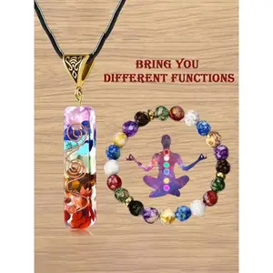 Seven Chakra Energy Crystal Beaded Bracelet and Necklace Set, Multi-Gemstone Pendant, Rainbow Crystal Pendant, Yoga Meditation Necklace, Resin Jewelry, Natural Crystal Set, Spiritual Gift, Emotional Gift, Suitable for Women and Men, Birthday Gift