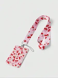 Y2K Style Cute Cherry Polyester Lanyard Keychain Set with ID Holder & Wristband, Perfect for Gym, USB, Badges, Casual Design, Keychain Wristlet Strap