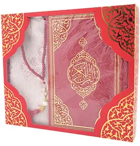 Prayer Rug Gift Box Set - With Quran in Arabic & Prayer Beads - Red